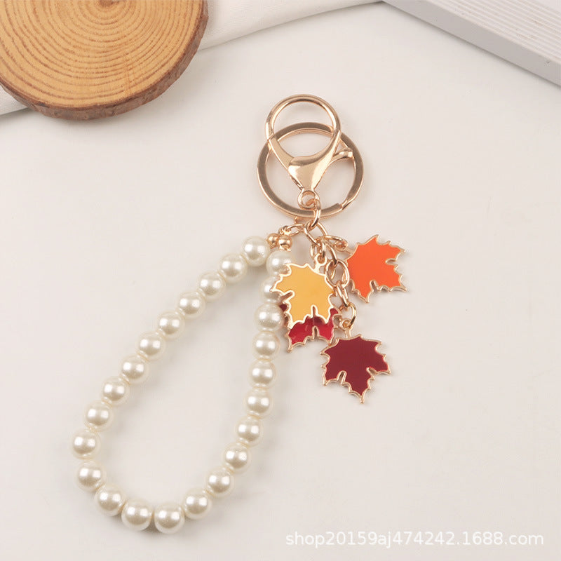Wholesale Pearl Maple Leaf Metal Keychains